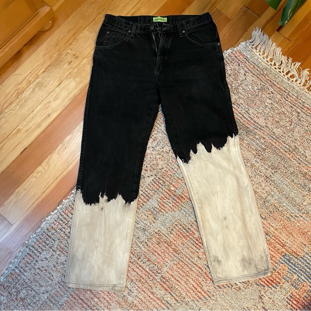 Custom Handmade Black and Cream Acid Washed Women's Straight Leg Denim